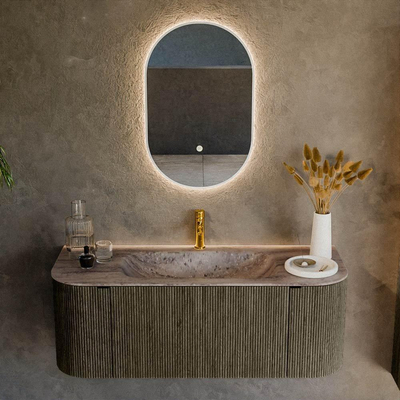 MONDIAZ KURVE-DLUX Meuble de salle de bains 120cm arrondi Gauche + Droite couleur Shadow avec 1 tiroir et 2 portes. Lavabo BIG SMALL Central 1 trou de robinet Oza.