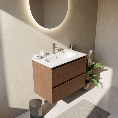 Saniclass Holz Pure Ensemble de meubles de salle de bains - 80x45x73.9cm - Vasque Chaci en céramique blanche - 1 vasque - 1 trou de robinetterie - 2 tiroirs - walnut pure mat (bois)