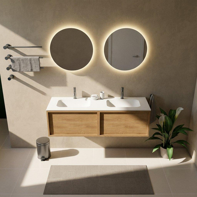 Saniclass Holz Frame Ensemble de meubles de salle de bains - 140x45x41.5cm - lavabo Flow en solid surface blanc - 2 vasques - 2 trous de robinetterie - 2 tiroirs - chêne natural mat (bois)