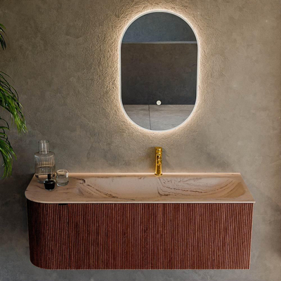 MONDIAZ KURVE-DLUX Meuble de salle de bains 125 cm arrondi à gauche couleur Ruby avec 1 tiroir et 1 porte. Lavabo BIG MEDIUM à droite 1 trou de robinet Arena.