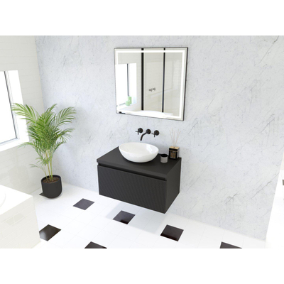 HR badmeubelen Matrix 3D badkamermeubelset 80cm 1 lade greeploos met greeplijst in kleur Zwart mat met bovenblad zwart mat