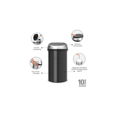 Brabantia Touch Bin Poubelle - 60 litres - matt black/matt steel fingerprint proof