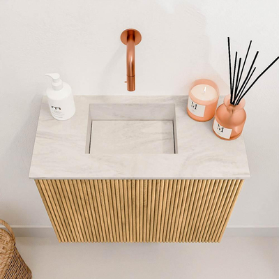Mondiaz JOYA-DLUX 50cm toiletmeubel - kleur Oak - Wastafel FAYE positie Links Zonder kraangat kleur Ostra.