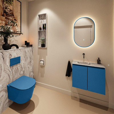 MONDIAZ TURE-DLUX Meuble de toilettes 60cm Jeans. Lavabo EDEN Glace position gauche. Sans trou de robinet.