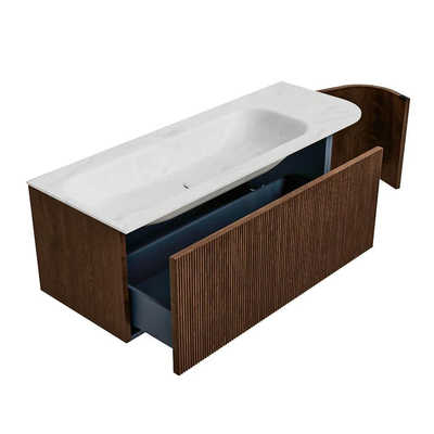 MONDIAZ KURVE-DLUX Meuble de salle de bains 125 cm avec module 25 R couleur Walnut avec 1 tiroir et 1 porte. Lavabo BIG MEDIUM gauche sans trou de robinet couleur Opalo.