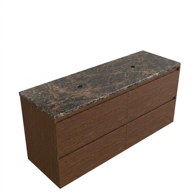 Saniclass Holz Pure Ensemble meuble de salle de bains - 140x45x63cm - Plan de travail en pierre naturelle Noche dark emperador - sans trou de robinet - 4 tiroirs - walnut pure mat (bois)