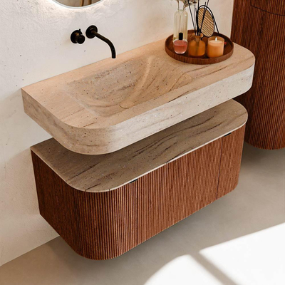 MONDIAZ THOR-DLUX 100cm meuble de salle de bains arrondi gauche + droite couleur Ruby avec 1 tiroir et 2 portes. Vasque suspendue CLOUD Gauche sans trou de robinet couleur Saba.