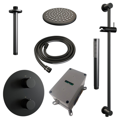 BRAUER Black Edition douche thermostatique encastrée - 3 voies - rond - ensemble 89 - douche principale de 20 cm - bras plafond - douchette à main - flexible de douche - colonne de douche intégrée - noir mat