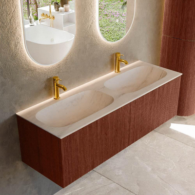 MONDIAZ KURVE-DLUX Meuble de salle de bains 140 cm couleur Ruby avec 2 tiroirs et 0 portes. Plan-vasque STOR SMALL Double 2 trous de robinetterie Meli.