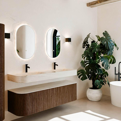 MONDIAZ THOR-DLUX 160cm meuble de salle de bains arrondi gauche + droite couleur Walnut avec 1 tiroir et 2 portes. Vasque suspendue CLOUD Double 2 trous de robinet couleur Meli.