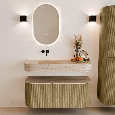 MONDIAZ THOR-DLUX Meuble de salle de bains 110cm arrondi gauche + droite couleur Dusk avec 1 tiroir et 2 portes. Vasque suspendue CLOUD Gauche sans trou de robinet couleur Saba.