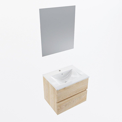 Mondiaz VICA ensemble de meuble de salle de bain - 60cm - meuble sous-vasque chêne blanchi - 2 tiroirs - lavabo denia milieu - 1 trou de robinet - couleur Blanc Brillant - miroir LED - version XL 60cm de haut