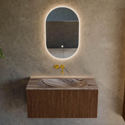 MONDIAZ KURVE-DLUX 90cm badmeubel kleur Walnut met 1 lade en 0 deuren. Wastafel BIG SMALL Midden zonder kraangat Sombra.