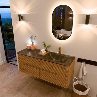 Mondiaz CIRO-DLUX Meuble de salle de bains - 130x45x50cm - Lavabo solid surface Lava - 1 vasque à droite - 1 trou de robinet - 4 tiroirs - Chêne