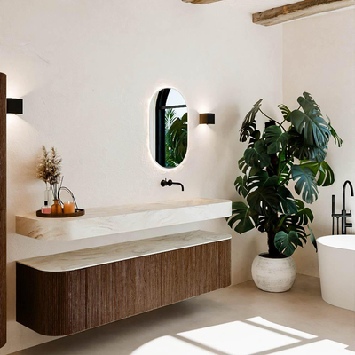 MONDIAZ THOR-DLUX 180cm meuble de salle de bains arrondi gauche + droite couleur Walnut avec 2 tiroirs et 2 portes. Vasque suspendue CLOUD Droite sans trou de robinet couleur Ostra.