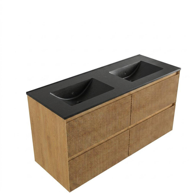 Saniclass Holz Atelier Ensemble meuble de salle de bains - 120x45x62cm - Vygo lavabo en céramique noir - 2 vasques - sans trous de robinet - 2 tiroirs - chêne naturel mat (bois)
