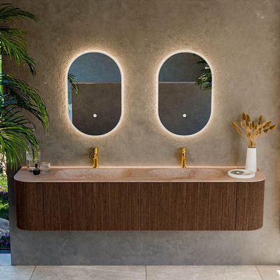 MONDIAZ KURVE-DLUX Meuble de salle de bains 200cm arrondi Gauche + Droite couleur Walnut avec 2 tiroirs et 2 portes. Plan-vasque STOR SMALL Double 2 trous de robinet Saba.