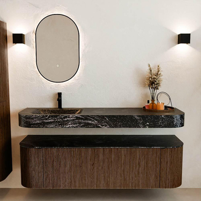 MONDIAZ THOR-DLUX 160cm meuble de salle de bains arrondi gauche + droite couleur Walnut avec 1 tiroir et 2 portes. Vasque suspendue CLOUD gauche 1 trou de robinet couleur Lava.