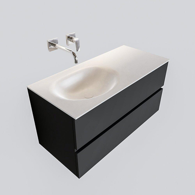 MONDIAZ VICA Ensemble de meuble salle de bain - 100cm - 2 tiroirs - lavabo Moon gauche - 0 trous de robinet - solid surface gris foncé