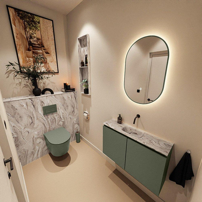 MONDIAZ TURE-DLUX Meuble toilette - 80cm - Army - EDEN - vasque Glace - position centrale - sans trou de robinet