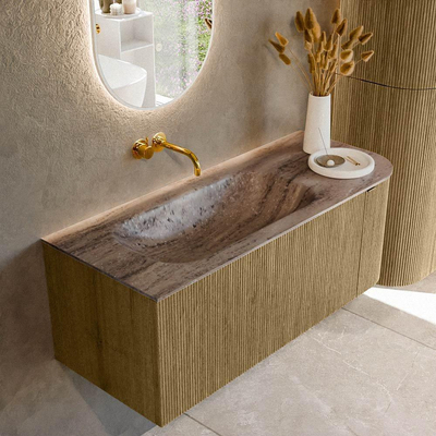 MONDIAZ KURVE-DLUX Meuble de salle de bains 115cm arrondi à droite couleur Dusk avec 1 tiroir et 1 porte. Lavabo BIG SMALL gauche sans trou de robinet Oza.