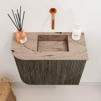 Mondiaz JOYA-DLUX Meuble de salle de bains - 51,6 cm - arrondi gauche couleur Shadow - Vasque FAYE position droite Sans trou de robinet couleur Arena