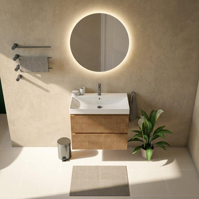 Saniclass Holz Atelier Ensemble de meuble de salle de bains - 80x45x67.5cm - lavabo Wave en céramique - 1 vasque - 1 trou de robinetterie - 2 tiroirs - chêne natural mat (bois)