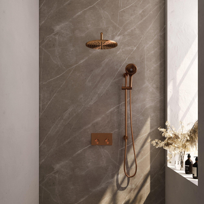 BRAUER Copper Edition Thermostatische Regendouche inbouw - drukknoppen - SET 70 - 30cm hoofddouche - gebogen muurarm - 3 standen handdouche - doucheslang - geïntegreerde glijstang - koper geborsteld PVD
