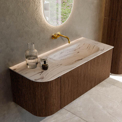 MONDIAZ KURVE-DLUX 115cm badmeubel ronding Links kleur Walnut met 1 lade en 1 deur. Wastafel BIG SMALL Rechts zonder kraangat Nata.