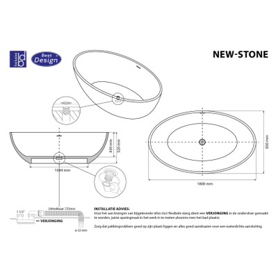 Best design New Stone vrijstaand bad 180x85x52cm solid surface met overloop mat wit