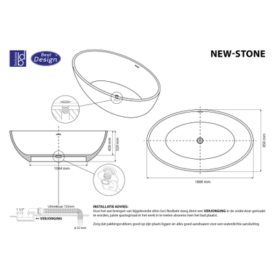 Best Design New Stone vrijstaand bad 180x90x58cm solid surface met overloop lava SHOWROOMMODEL
