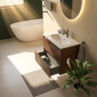 Saniclass Holz Atelier Ensemble meuble de salle de bains - 80x45x73.9cm - Lavabo Chaci en céramique blanc - 1 vasque - 1 trou de robinetterie - 2 tiroirs - walnut pure mat (bois)