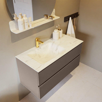 Mondiaz VICA-DLUX Ensemble de meuble de salle de bain - 100cm - meuble sous-vasque fumée - 2 tiroirs - lavabo encastré nuage gauche - 1 trou de robinet - version haute 60cm - opalo