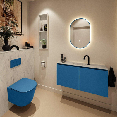 MONDIAZ TURE-DLUX Meuble toilette - 100cm - Jeans - EDEN - vasque Opalo - position centrale - 1 trou de robinet