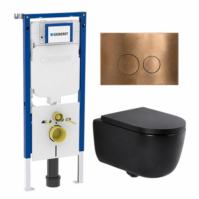 QeramiQ Dely Swirl Toiletset - 36.3x51.7cm - Geberit UP720 inbouwreservoir - 35mm zitting - bedieningsplaat koper - ronde knoppen - mat zwart