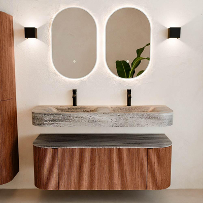 MONDIAZ THOR-DLUX 130cm meuble de salle de bains arrondi gauche + droite couleur Ruby avec 1 tiroir et 2 portes. Vasque suspendue CLOUD Double 2 trous de robinet couleur Oza.