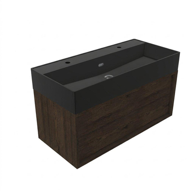 Saniclass Holz Frame Badkamermeubelset - 100x45x52cm - Legend keramische wastafel mat zwart - 1 wasbak - 2 kraangaten - 1 lade - mat eiken charcoal (hout)