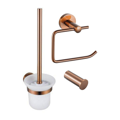Fortifura Calvi Toiletset 3-delig - toiletrolhouder - zonder klep - toiletborstel - handdoekhaak enkel rond - PVD - geborsteld koper