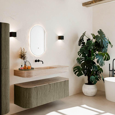 MONDIAZ THOR-DLUX 130cm meuble de salle de bains arrondi gauche + droite couleur Shadow avec 1 tiroir et 2 portes. Vasque suspendue CLOUD Milieu sans trou de robinet couleur Saba.