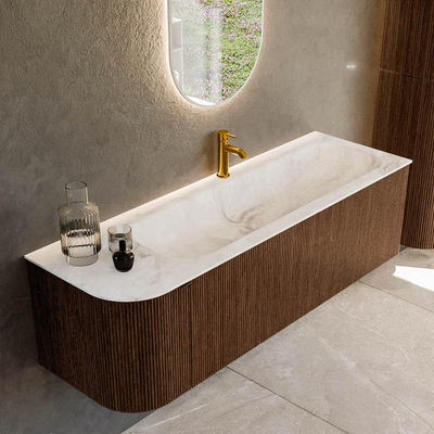 MONDIAZ KURVE-DLUX 145cm badmeubel met module 25 L kleur Walnut met 1 lade en 1 deur. Wastafel BIG LARGE rechts 1 kraangat kleur Frappe.
