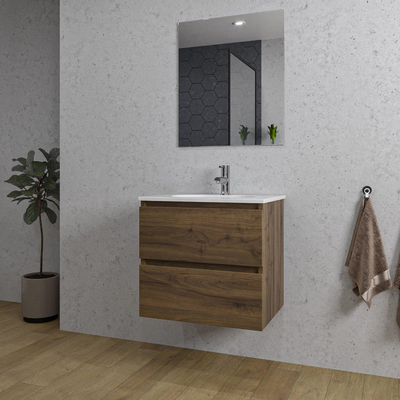 Saniclass Chaci Meuble de salle de bain - 60x46x55cm - lavabo en céramique blanc - 1 vasque ovale - 1 trou de robinet - 2 tiroirs - miroir rectangulaire - noyer (hout)