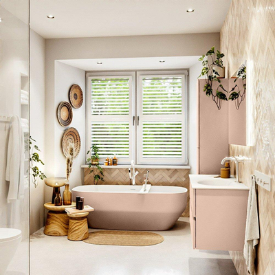 Mondiaz VICA ensemble de meuble de salle de bain - 100cm - meuble sous-vasque rosee - 2 tiroirs - lavabo moon droite - 1 trou de robinet - version haute de 60cm - talc