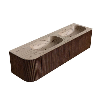 MONDIAZ KURVE-DLUX Meuble de salle de bains 165cm arrondi gauche couleur Walnut avec 2 tiroirs et 1 porte. Lavabo STOR SMALL Double / Droite sans trou de robinet Arena.