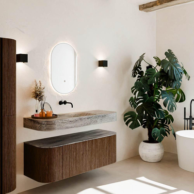 MONDIAZ THOR-DLUX Meuble de salle de bains 130cm arrondi gauche + droite couleur Walnut avec 1 tiroir et 2 portes. Vasque suspendue CLOUD Centre sans trou de robinet couleur Oza.