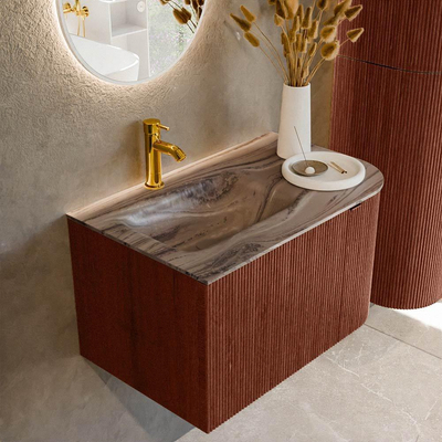 MONDIAZ KURVE-DLUX Meuble de salle de bains 75cm arrondi à droite couleur Ruby avec 1 tiroir et 1 porte. Lavabo GRUNNE à gauche 1 trou de robinet Sombra.