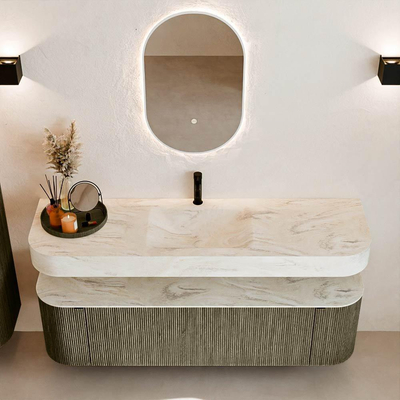 MONDIAZ THOR-DLUX 160cm meuble de salle de bains arrondi gauche + droite couleur Shadow avec 1 tiroir et 2 portes. Vasque suspendue CLOUD Milieu 1 trou de robinet couleur Ostra.