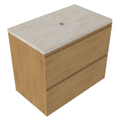 Saniclass Holz Pure Ensemble de meubles de salle de bains - 80x45x63cm - Plan de travail en pierre naturelle travertin - sans trou de robinetterie - 2 tiroirs - chêne naturel mat (bois)