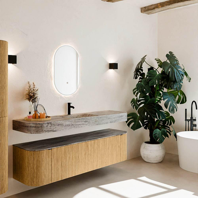 MONDIAZ THOR-DLUX Meuble de salle de bains - 170cm - arrondi gauche + droite - couleur Oak - 1 tiroir et 2 portes - Vasque suspendue CLOUD Milieu 1 trou de robinet couleur Oza