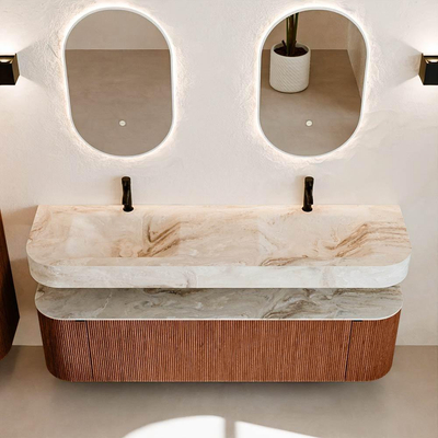 MONDIAZ THOR-DLUX 170cm meuble de salle de bains arrondi gauche + droite couleur Ruby avec 1 tiroir et 2 portes. Vasque suspendue CLOUD Double 2 trous de robinet couleur Frappe.