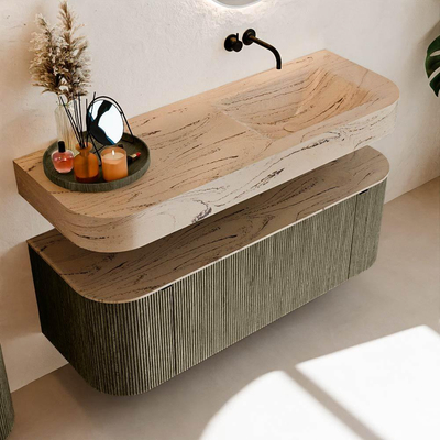 MONDIAZ THOR-DLUX Meuble de salle de bains 130cm arrondi gauche + droite couleur Shadow avec 1 tiroir et 2 portes. Vasque suspendue CLOUD Droite sans trou de robinet couleur Arena.